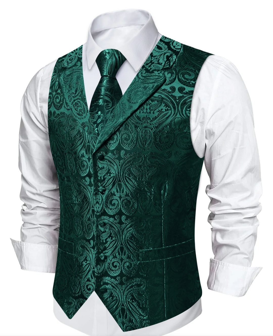 Dark Green Paisley Notched Collar Silk Mens Vest Tie Set- MJ-0719