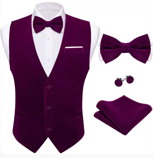 Purple Solid Silk Vest Bowtie Pocket Square Cufflinks Set- BW-MJ-0053