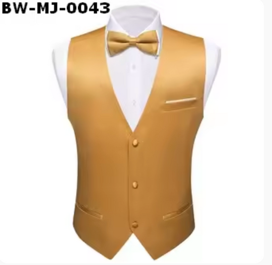 Mens Gold Suit Vest Solid V-neck Vest Bowtie Pocket Square Cufflinks Set- BW-MJ-0043