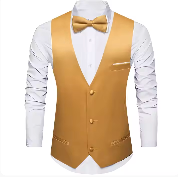 Mens Gold Suit Vest Solid V-neck Vest Bowtie Pocket Square Cufflinks Set- BW-MJ-0043