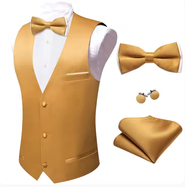 Mens Gold Suit Vest Solid V-neck Vest Bowtie Pocket Square Cufflinks Set- BW-MJ-0043