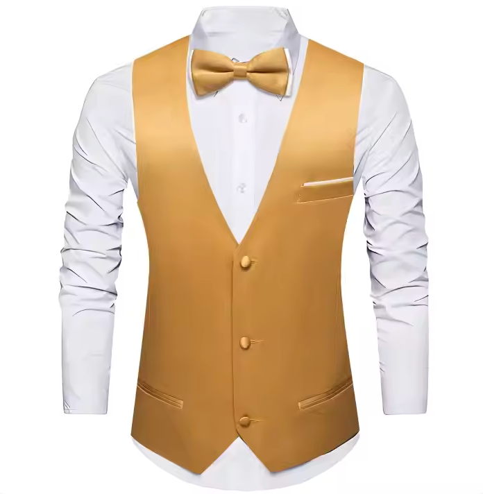 Mens Gold Suit Vest Solid V-neck Vest Bowtie Pocket Square Cufflinks Set- BW-MJ-0043