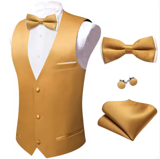 Mens Gold Suit Vest Solid V-neck Vest Bowtie Pocket Square Cufflinks Set- BW-MJ-0043