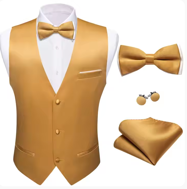 Mens Gold Suit Vest Solid V-neck Vest Bowtie Pocket Square Cufflinks Set- BW-MJ-0043