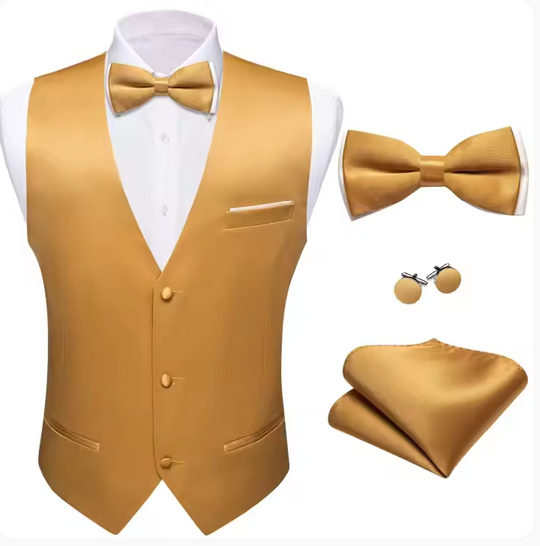 Mens Gold Suit Vest Solid V-neck Vest Bowtie Pocket Square Cufflinks Set- BW-MJ-0043