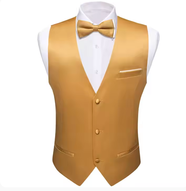 Mens Gold Suit Vest Solid V-neck Vest Bowtie Pocket Square Cufflinks Set- BW-MJ-0043