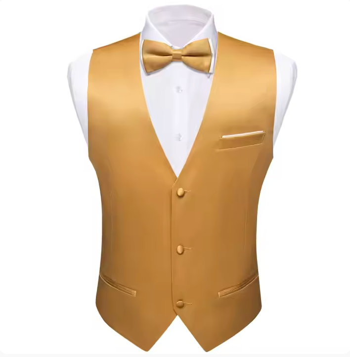 Mens Gold Suit Vest Solid V-neck Vest Bowtie Pocket Square Cufflinks Set- BW-MJ-0043