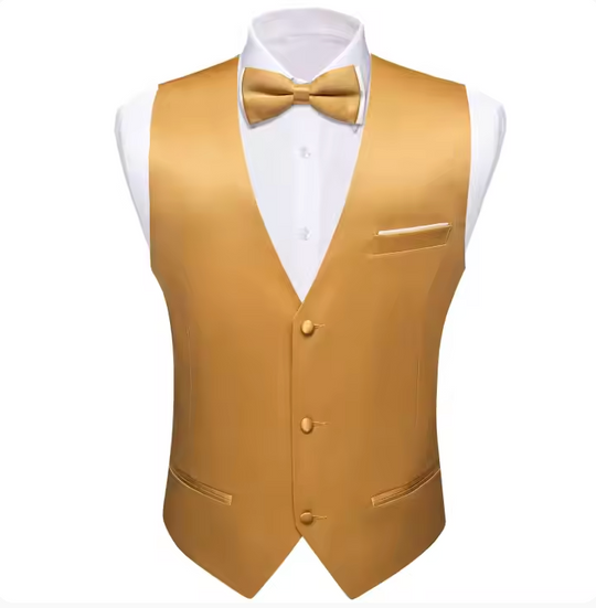 Mens Gold Suit Vest Solid V-neck Vest Bowtie Pocket Square Cufflinks Set- BW-MJ-0043