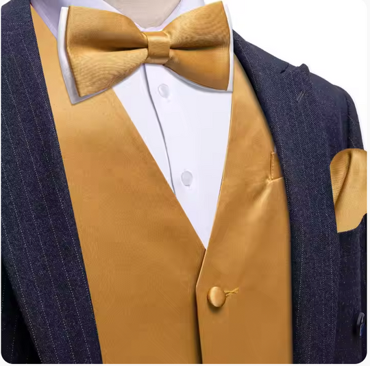 Mens Gold Suit Vest Solid V-neck Vest Bowtie Pocket Square Cufflinks Set- BW-MJ-0043