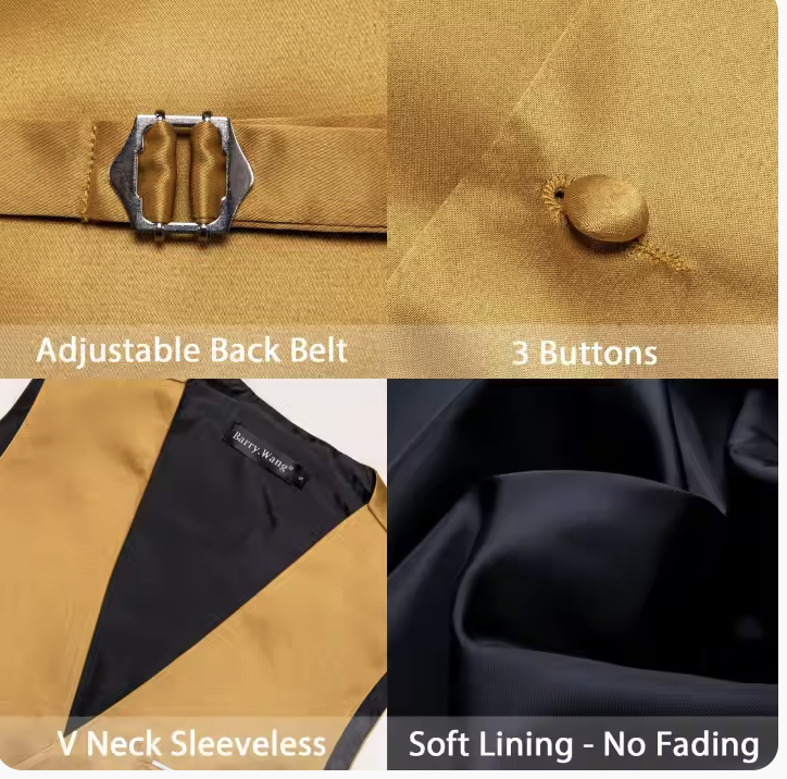 Mens Gold Suit Vest Solid V-neck Vest Bowtie Pocket Square Cufflinks Set- BW-MJ-0043