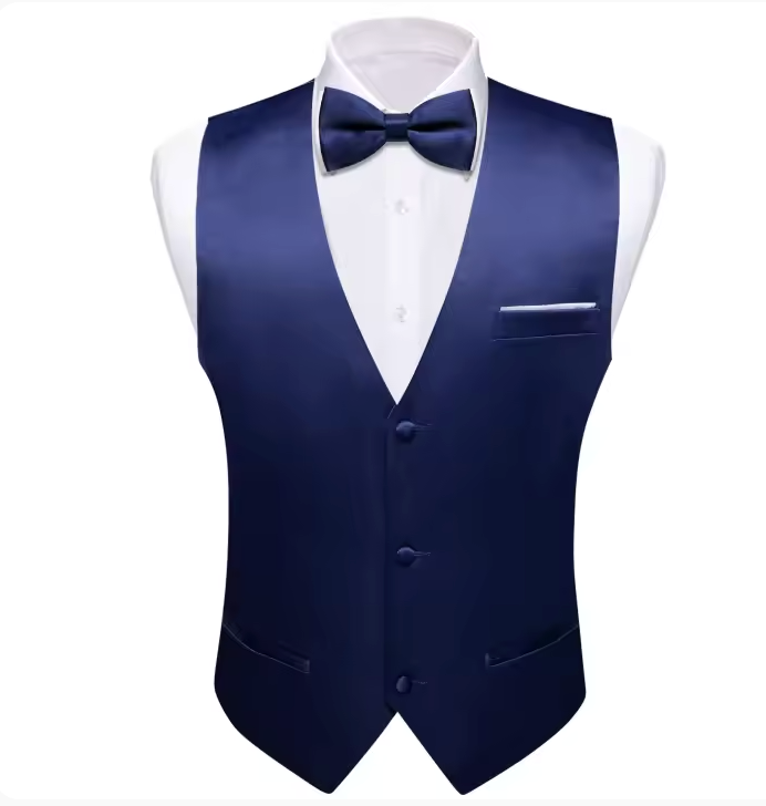 Deep Blue Solid Silk Mens Vest and Bow Tie Set-BW-MJ-0040