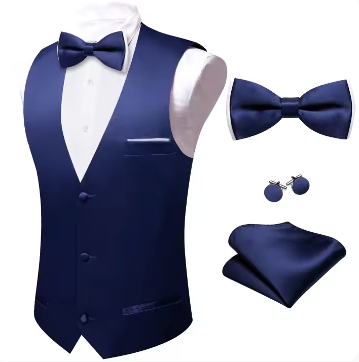 Deep Blue Solid Silk Mens Vest and Bow Tie Set-BW-MJ-0040
