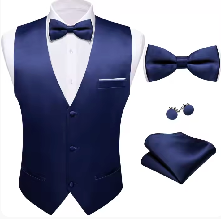 Deep Blue Solid Silk Mens Vest and Bow Tie Set-BW-MJ-0040