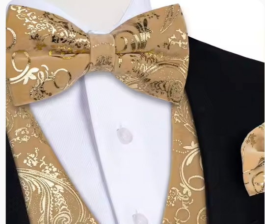 Velvet Champagne Paisley V-Neck  Men's Waistcoat Vest Bowtie Set- MJ-0850