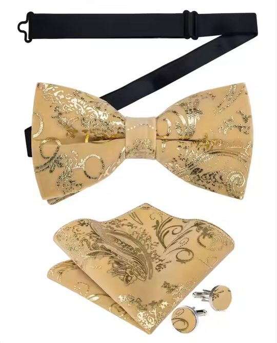 Velvet Champagne Paisley V-Neck  Men's Waistcoat Vest Bowtie Set- MJ-0850