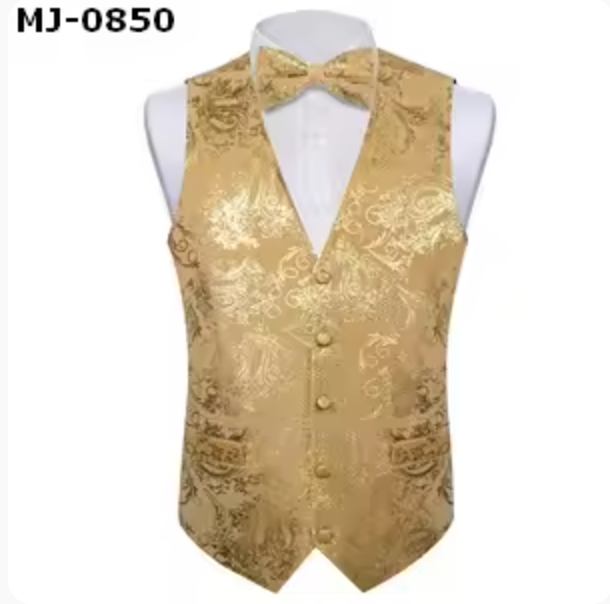 Velvet Champagne Paisley V-Neck  Men's Waistcoat Vest Bowtie Set- MJ-0850