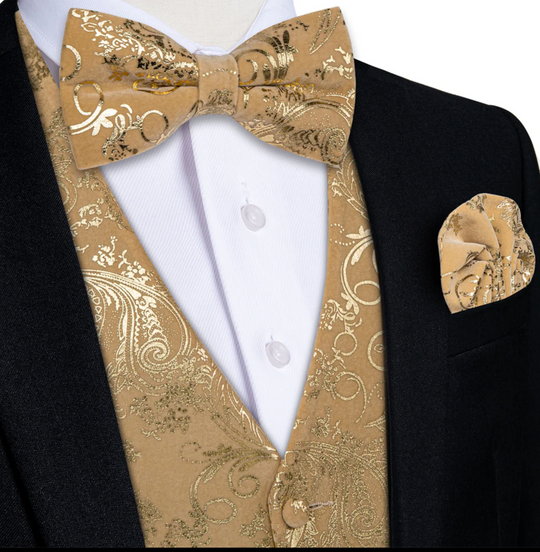 Velvet Champagne Paisley V-Neck  Men's Waistcoat Vest Bowtie Set- MJ-0850