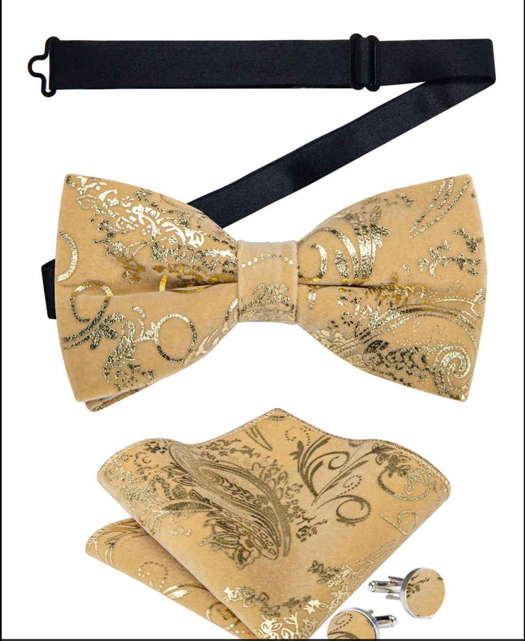 Velvet Champagne Paisley V-Neck  Men's Waistcoat Vest Bowtie Set- MJ-0850