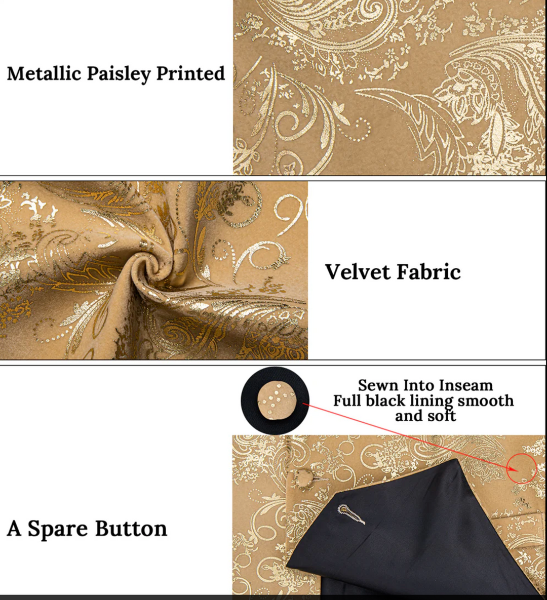 Velvet Champagne Paisley V-Neck  Men's Waistcoat Vest Bowtie Set- MJ-0850