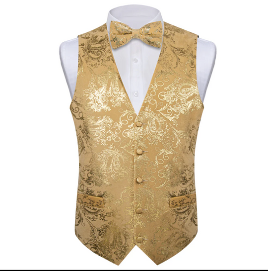 Velvet Champagne Paisley V-Neck  Men's Waistcoat Vest Bowtie Set- MJ-0850