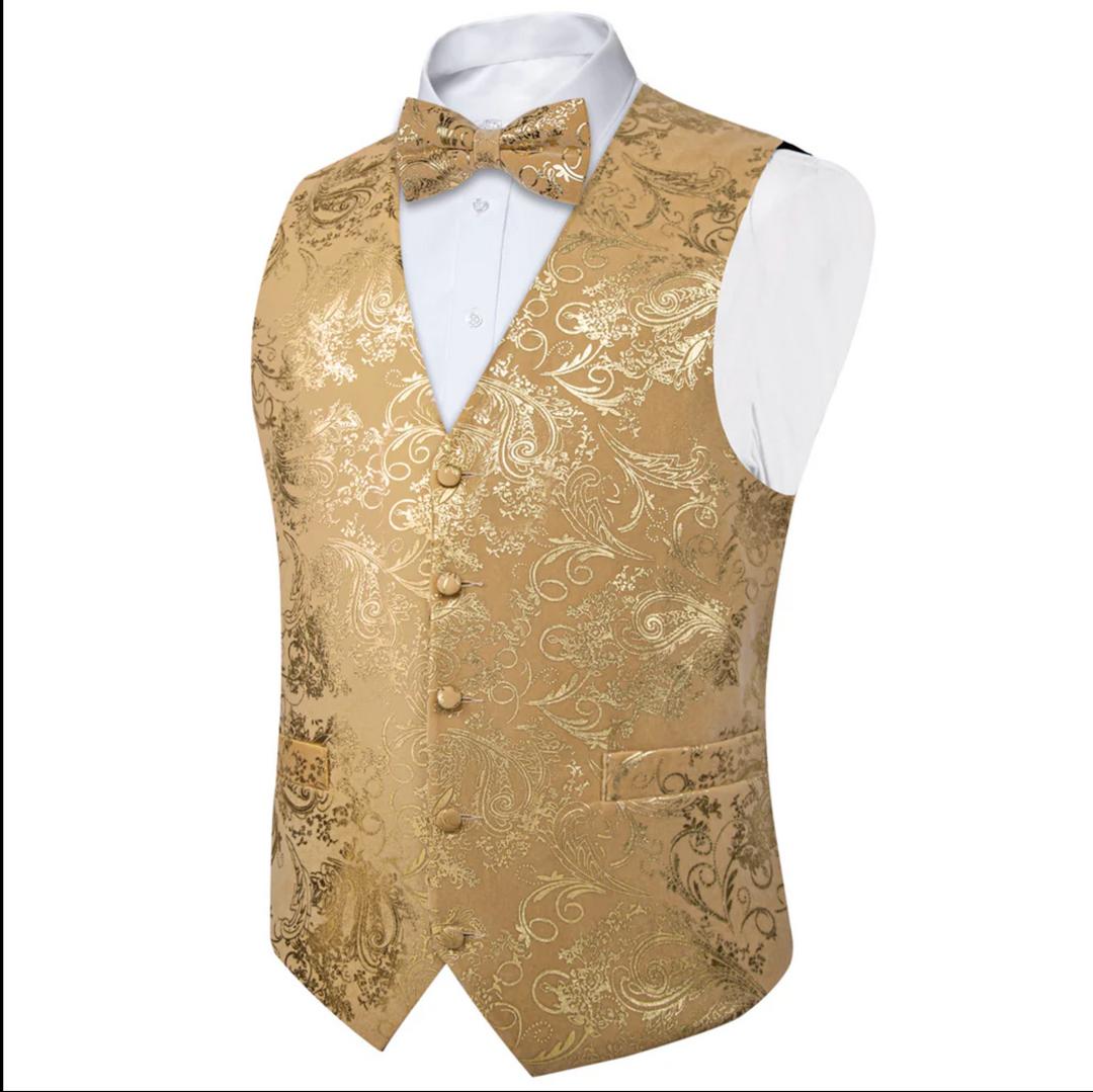 Velvet Champagne Paisley V-Neck  Men's Waistcoat Vest Bowtie Set- MJ-0850