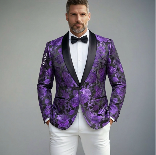 Castle Style Black Purple Roses Suit One Button Shawl Collar Blazer Jacket For Wedding- XX-1106