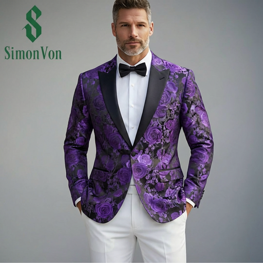 Castle Style Black Purple Roses Suit One Button Shawl Collar Blazer Jacket For Wedding- XX-1106
