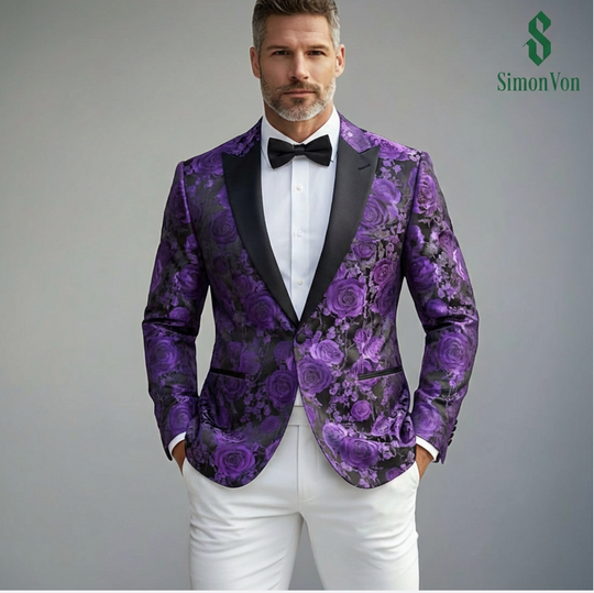 Castle Style Black Purple Roses Suit One Button Shawl Collar Blazer Jacket For Wedding- XX-1106