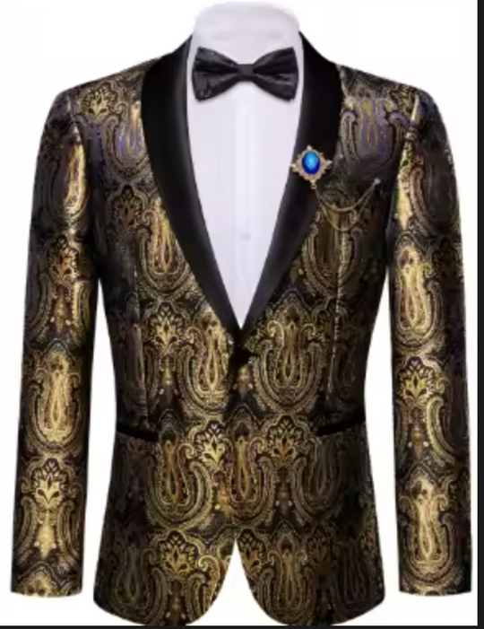 Black Shawl Lapel Golden Blue Gold Paisley Blazer- XX-0157