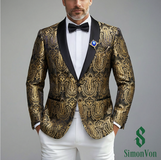 Black Shawl Lapel Golden Blue Gold Paisley Blazer- XX-0157