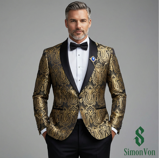 Black Shawl Lapel Golden Blue Gold Paisley Blazer- XX-0157