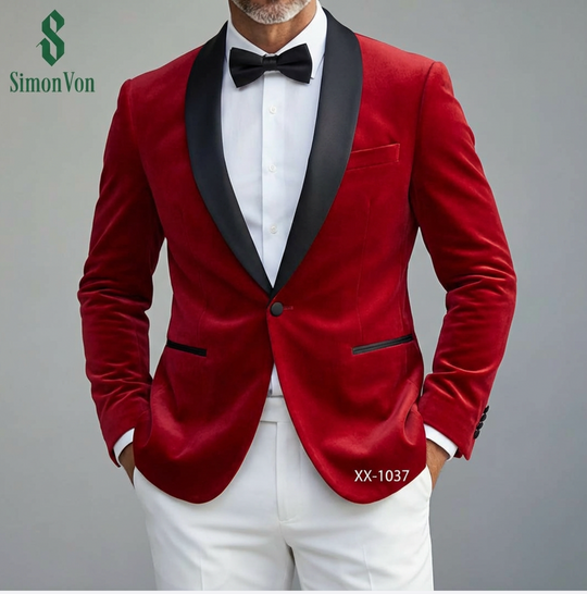 Black Shawl Collar Crimson Red Solid Blazer -XXDJ-0021