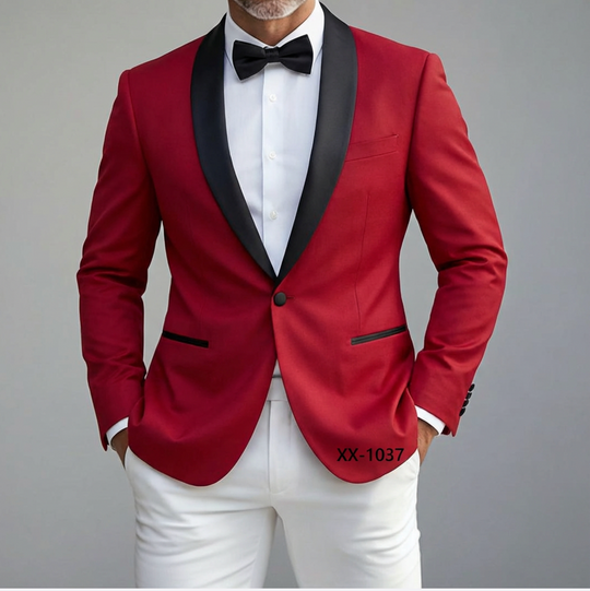 Black Shawl Collar Crimson Red Solid Blazer -XXDJ-0021