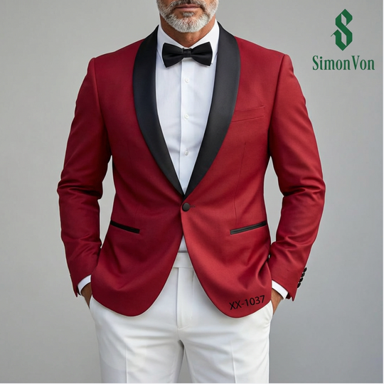 Black Shawl Collar Crimson Red Solid Blazer -XXDJ-0021