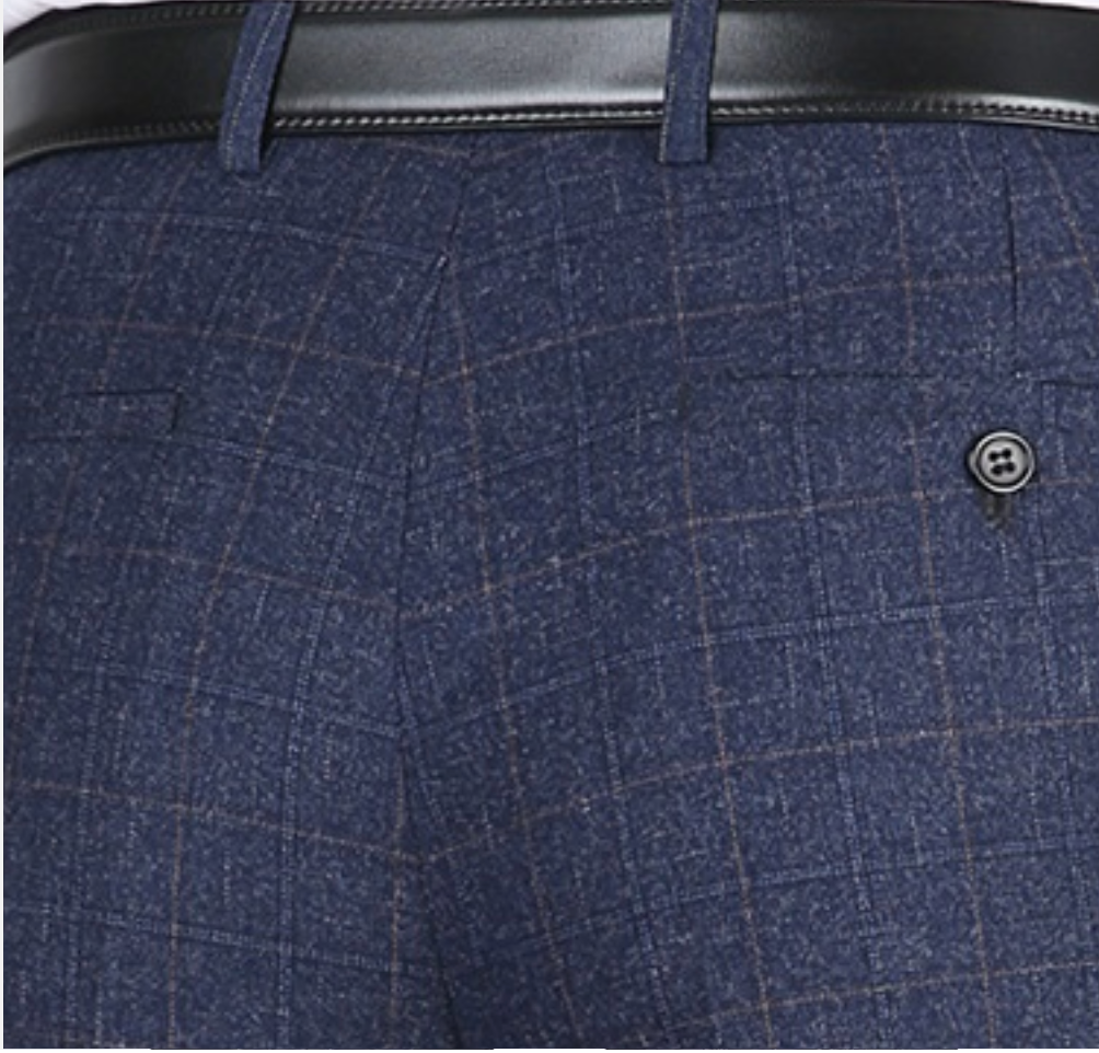 Men's Fashion Business-Men Style Dress Pants Stretch Woven Fabric Trousers - Blue  Plaid 9886