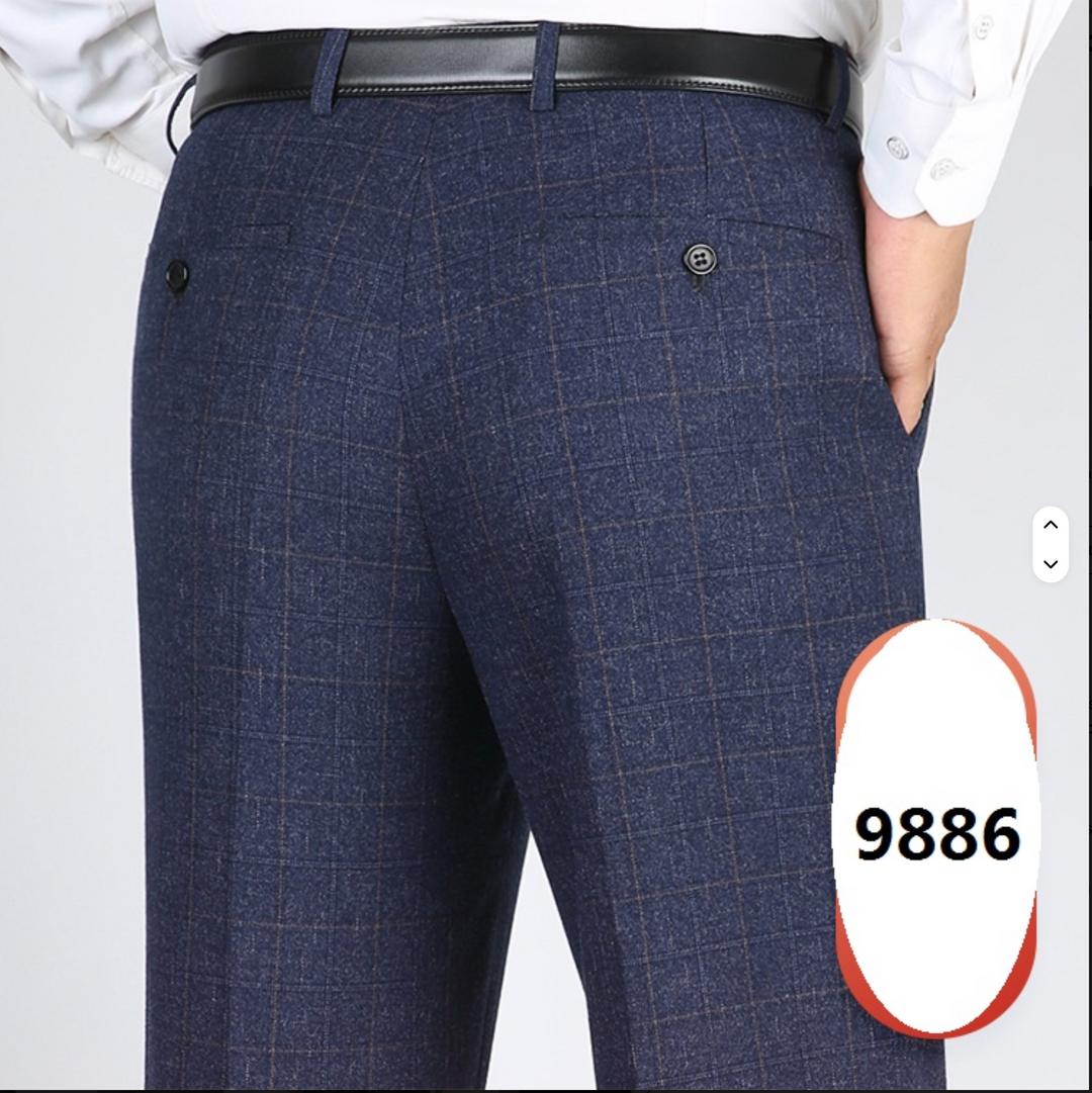 Men's Fashion Business-Men Style Dress Pants Stretch Woven Fabric Trousers - Blue  Plaid 9886