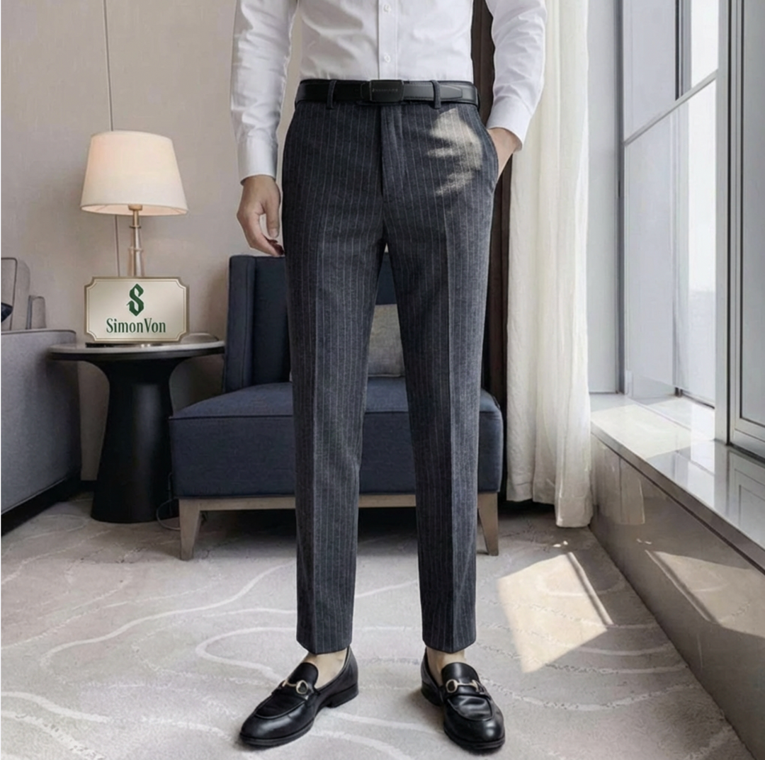 Grey  striped  9885 Mens Formal Trousers-9885