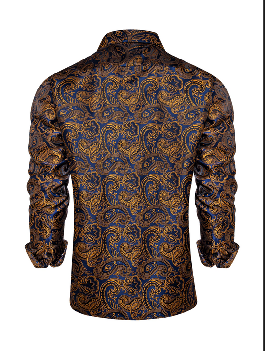 Gold  Blue Paisley Silk Button Down Men's Dress Shirt- CYDJ-2619