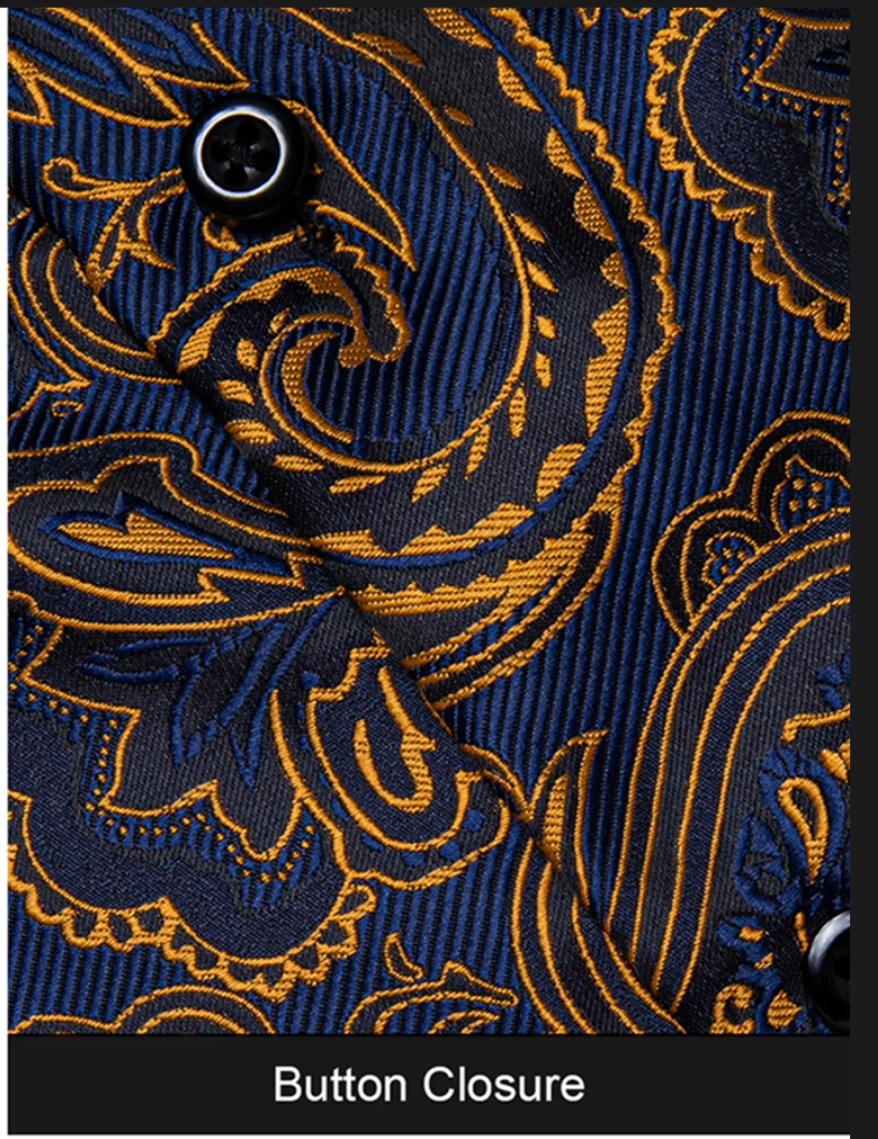 Gold  Blue Paisley Silk Button Down Men's Dress Shirt- CYDJ-2619