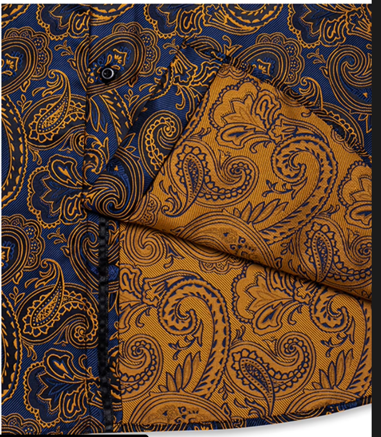 Gold  Blue Paisley Silk Button Down Men's Dress Shirt- CYDJ-2619