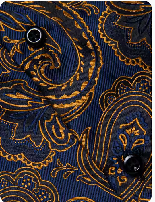 Gold  Blue Paisley Silk Button Down Men's Dress Shirt- CYDJ-2619
