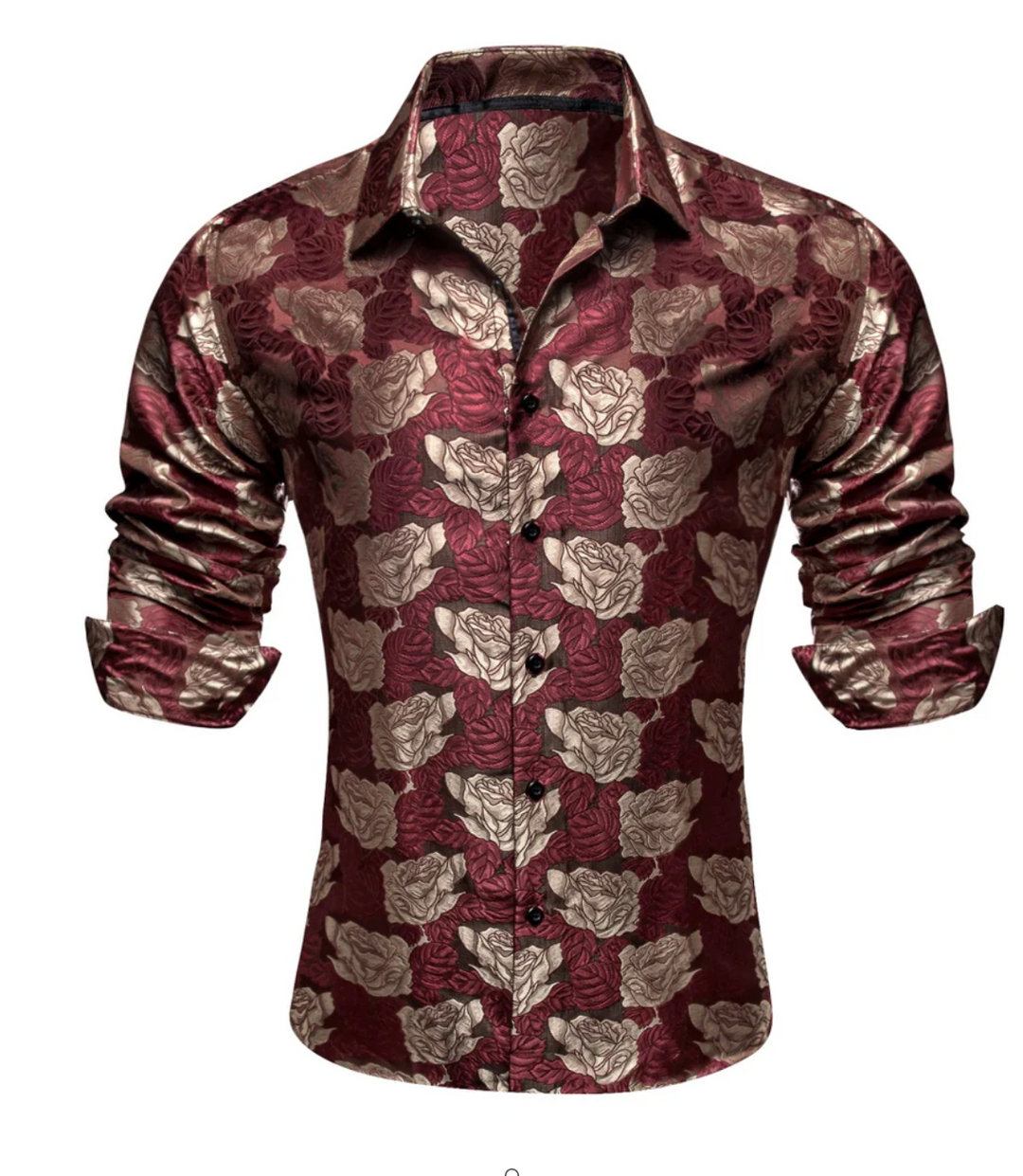 Gold Floral Button Up Shirt Casual Burgundy Silk Long Sleeve Dress Shirt- CYDJ-1007