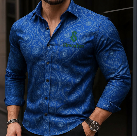 Royal Blue  Grey Floral Mens Shirt -CYDJ-9061