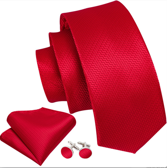 Red  Silk Tie Pocket Square Cufflinks Set-N-5198