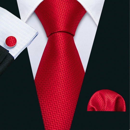 Red  Silk Tie Pocket Square Cufflinks Set-N-5198