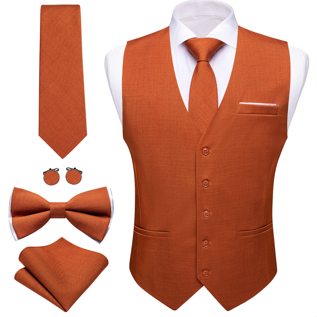 5pcs Mens Waistcoat Set Brown Solid Vest Necktie Bowtie Set- BW-MJ-2852