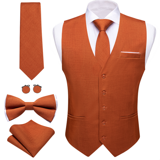 5pcs Mens Waistcoat Set Brown Solid Vest Necktie Bowtie Set- BW-MJ-2852