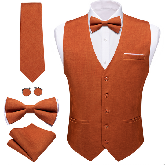 5pcs Mens Waistcoat Set Brown Solid Vest Necktie Bowtie Set- BW-MJ-2852