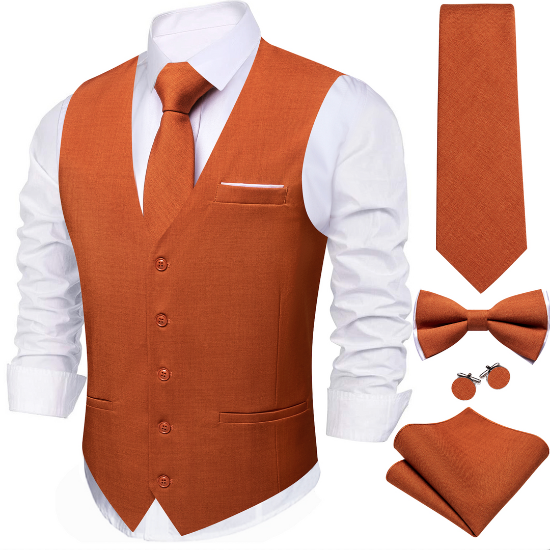 5pcs Mens Waistcoat Set Brown Solid Vest Necktie Bowtie Set- BW-MJ-2852