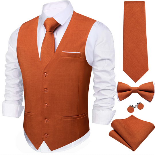 5pcs Mens Waistcoat Set Brown Solid Vest Necktie Bowtie Set- BW-MJ-2852